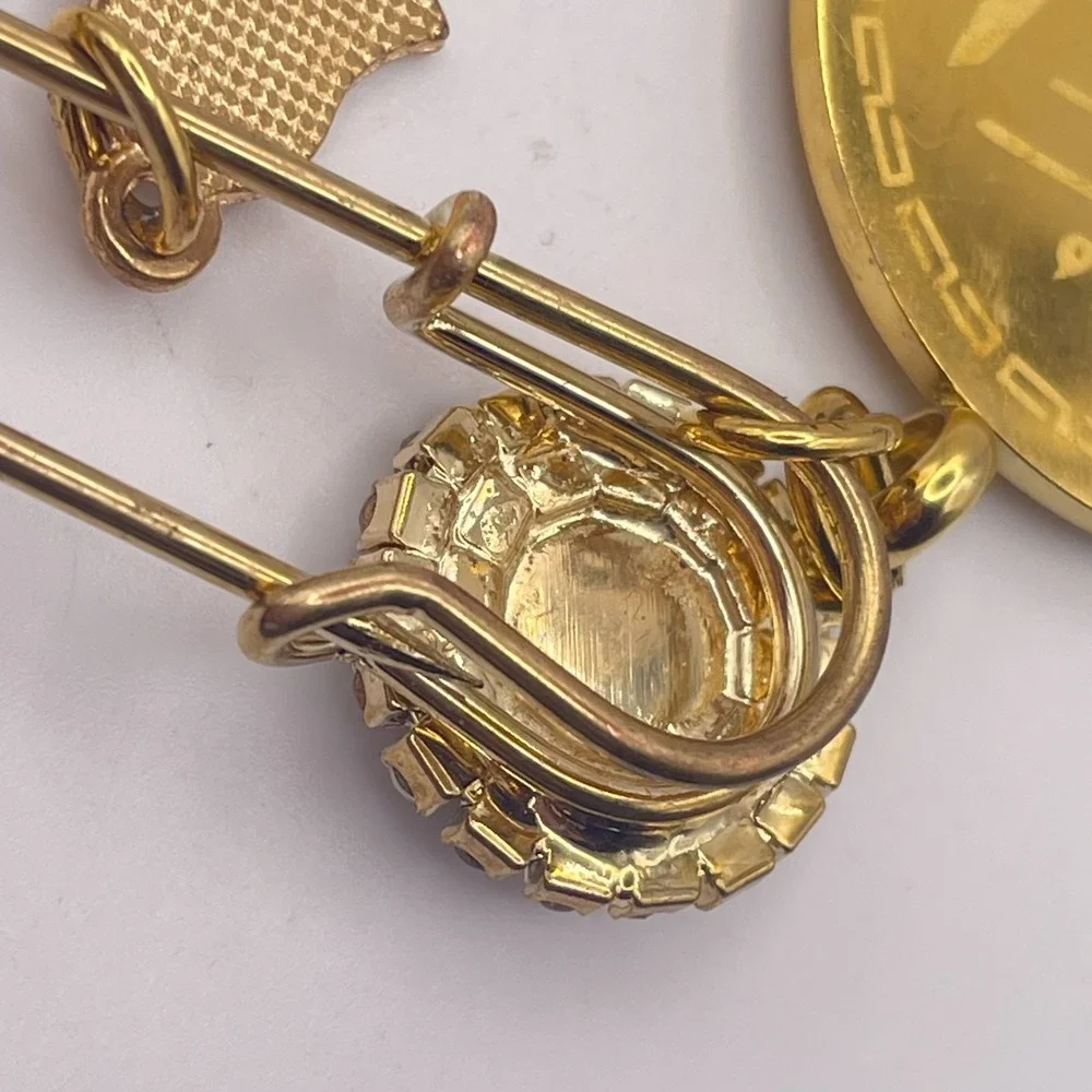 Vintage Gold Tone Islamic Allah Ayatul Kursi Coin Charm Brooch Evil Eye Hamsa